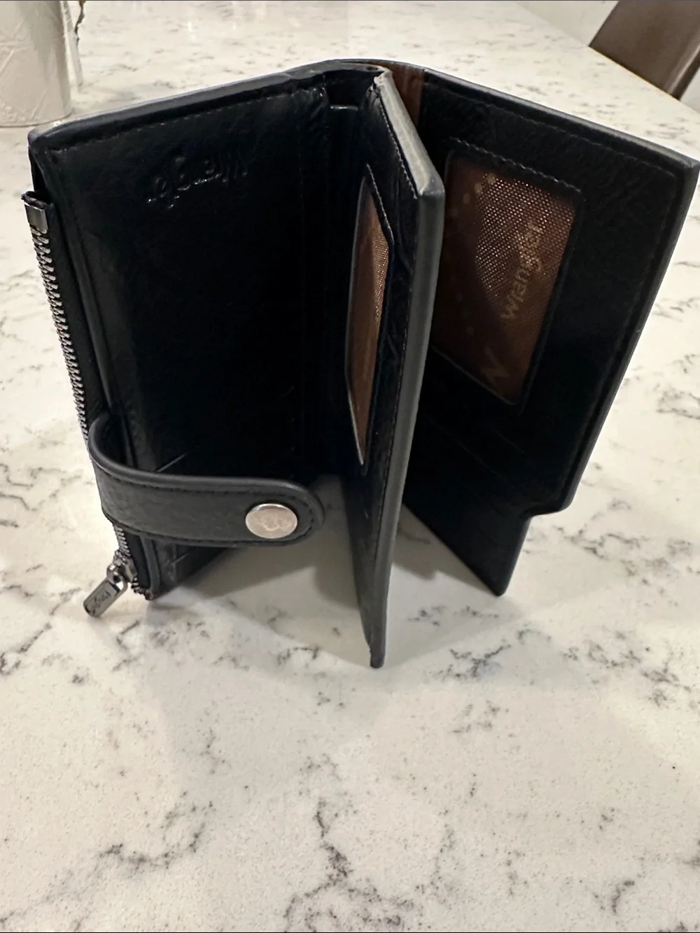 Wrangler Black Wallet with Tan Logo Patch and Snap Closure